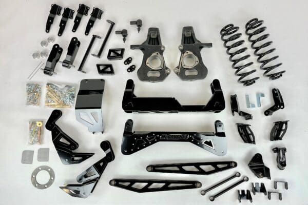 Black truck lift kit parts and hardware.