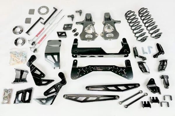 Black truck lift kit parts and hardware.