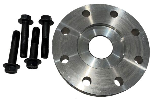 Silver metal flange with bolts.