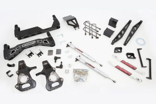 Truck lift kit parts, including shocks.