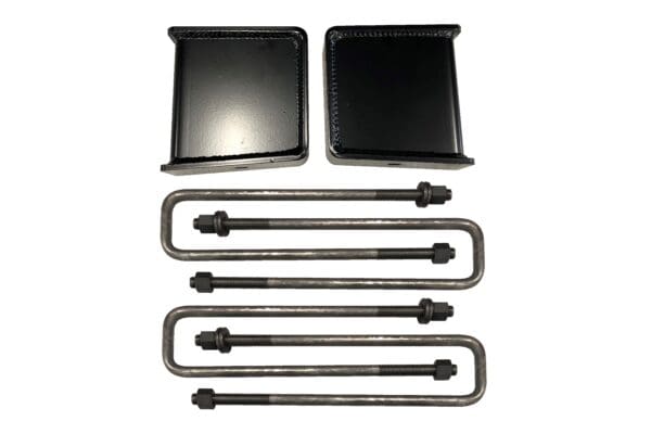 A set of black lift blocks and U-bolts.