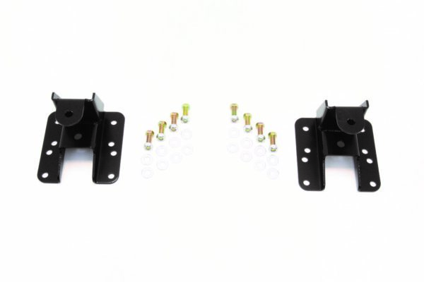 Two black metal brackets with hardware.