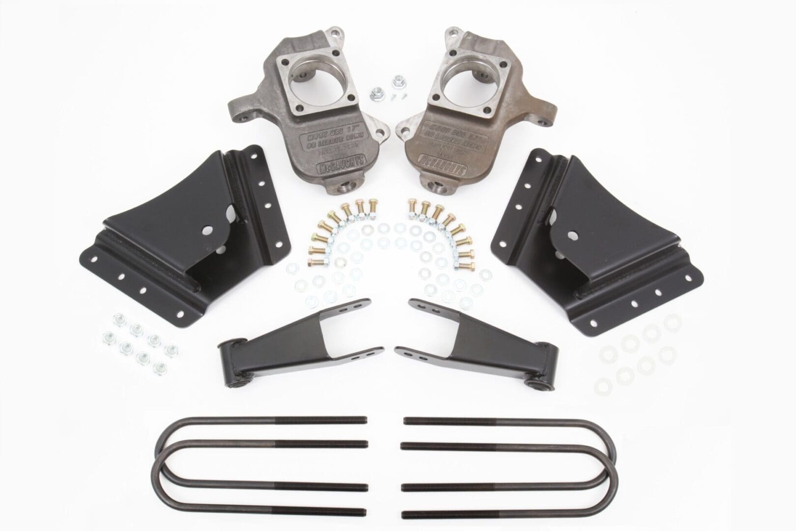 Lift kit with brackets, hardware, and shackles.