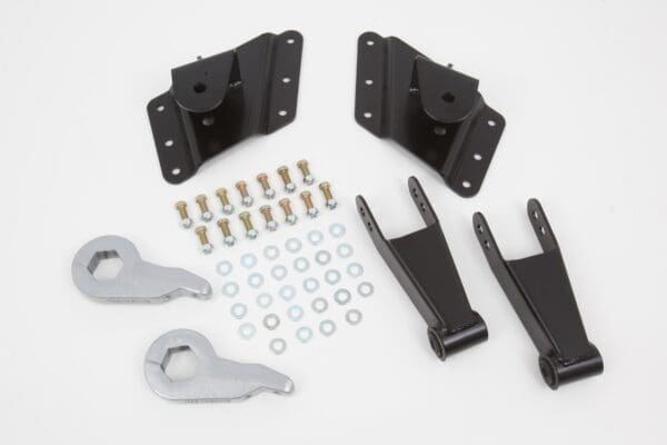 Truck lift kit with hardware and brackets.