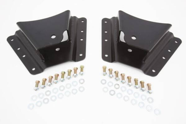 Two black metal brackets with bolts and washers.