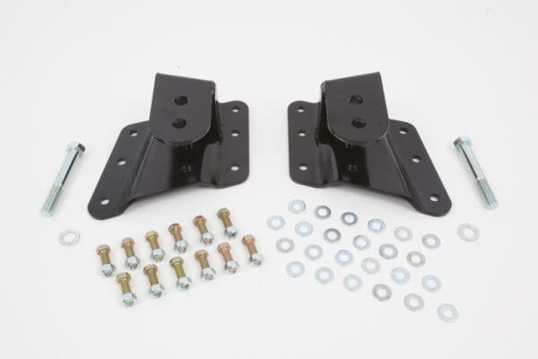 Two black metal brackets with bolts and washers.