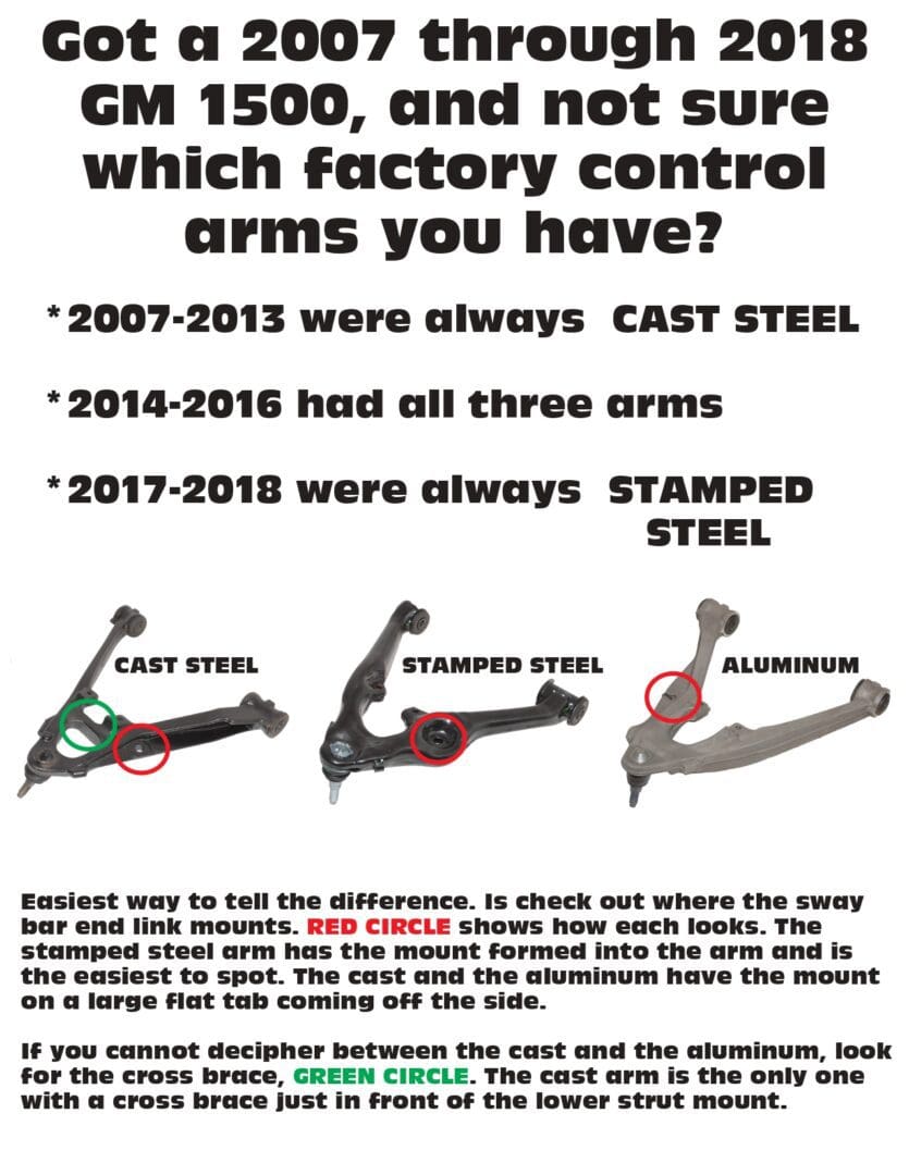 GM 1500 control arm types, cast, stamped, and aluminum.