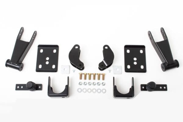 Black suspension lift kit parts.