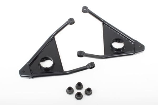 Two black metal car suspension arms with bushings.