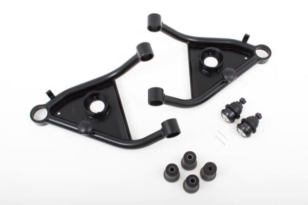 Black metal car suspension parts and hardware.