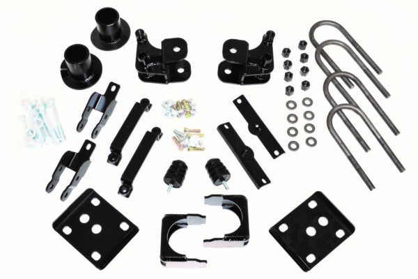 Car lift kit with hardware and brackets.