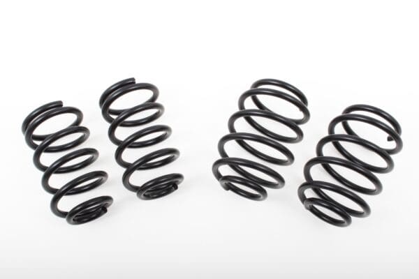 Four black coil springs on white background.