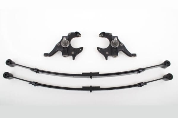 Black suspension parts for a vehicle.