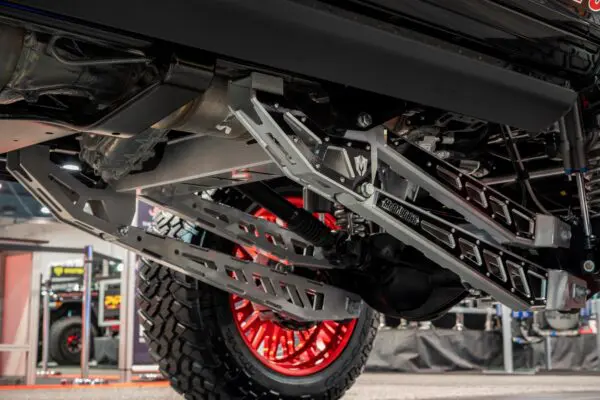 Truck rear suspension with custom lift kit.