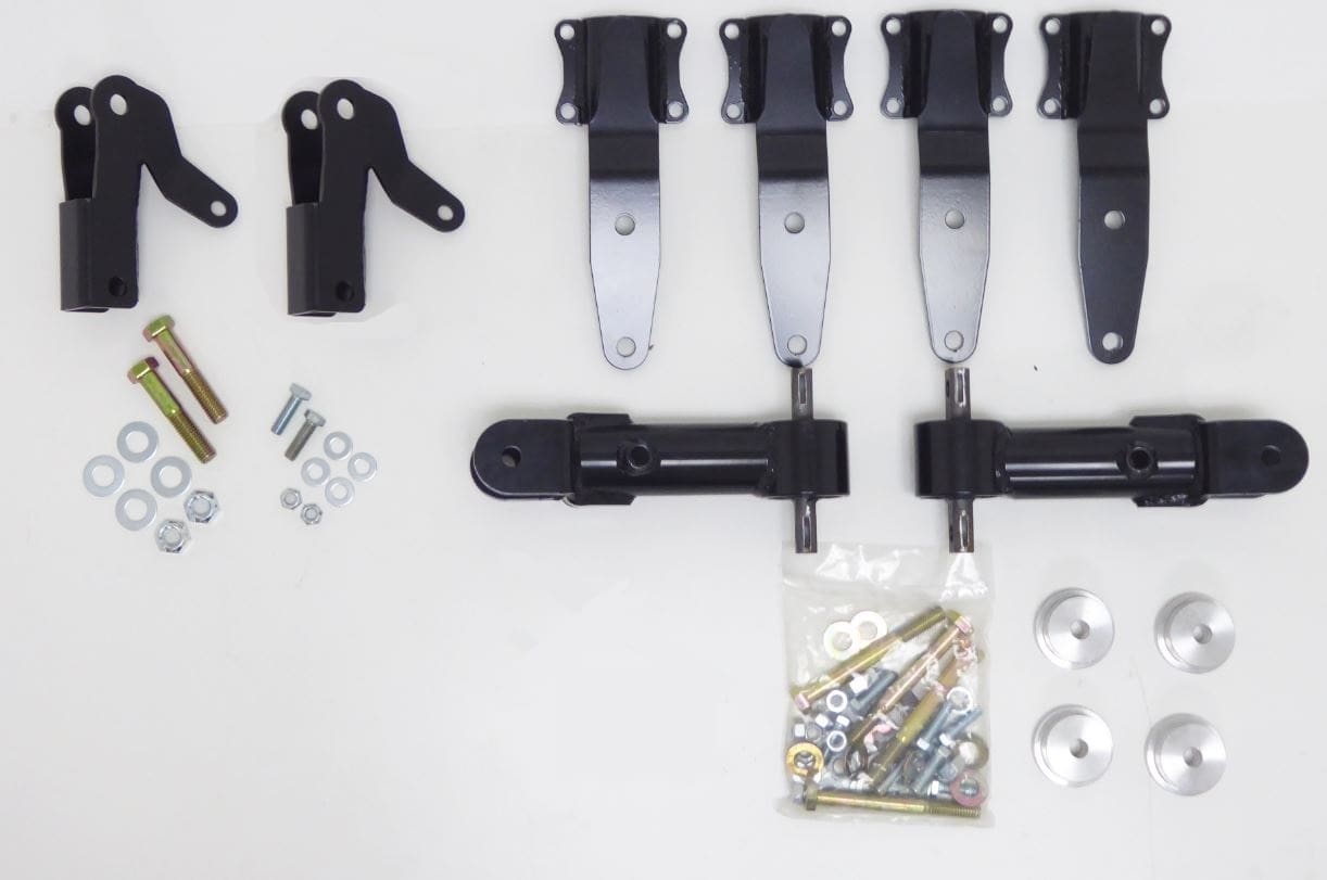 Car suspension lift kit parts and hardware.