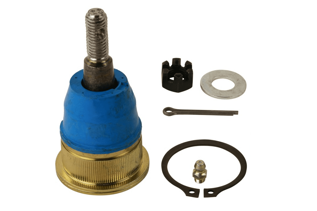 Blue and gold tie rod end with hardware.