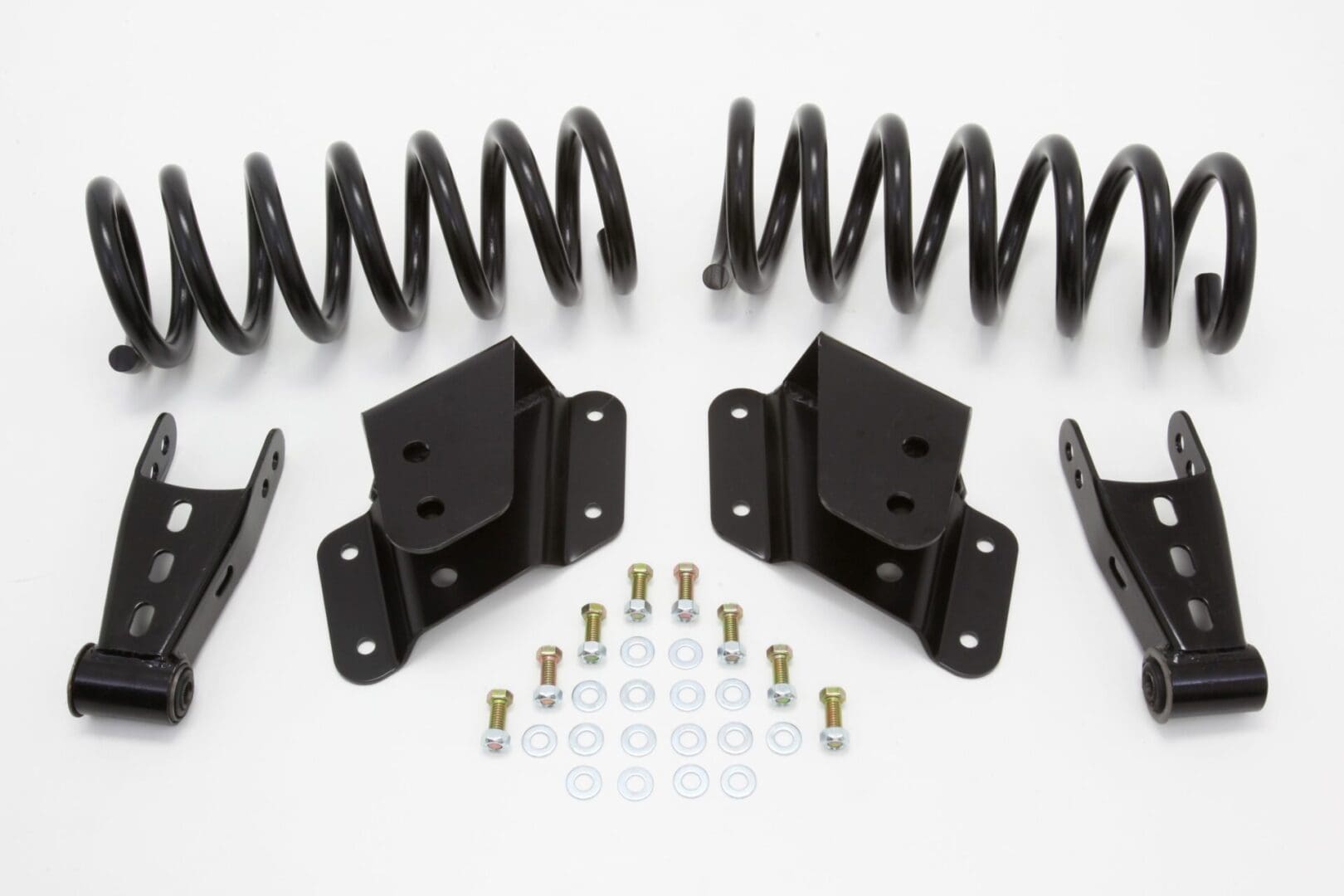 Black leaf springs, brackets, and hardware.