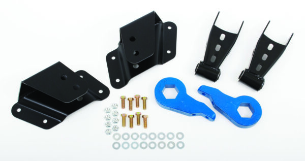 Black and blue truck lift kit parts.