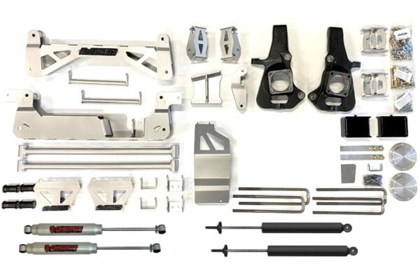 Truck lift kit with suspension parts.