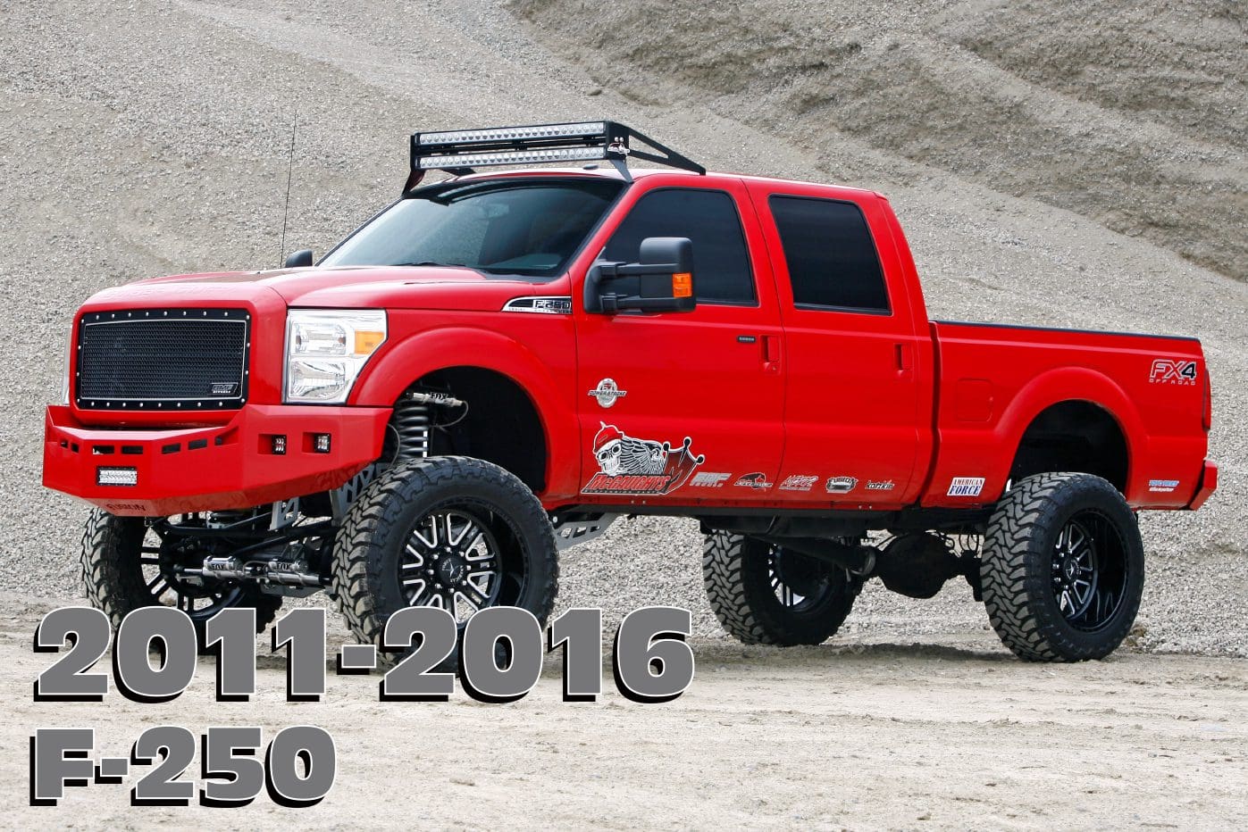 Red Ford F-250 pickup truck.