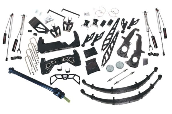 Truck lift kit parts with shocks and springs.