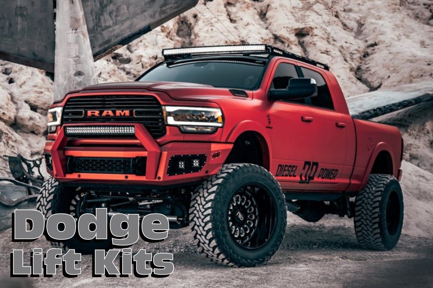 Red Dodge Ram truck with lift kit.