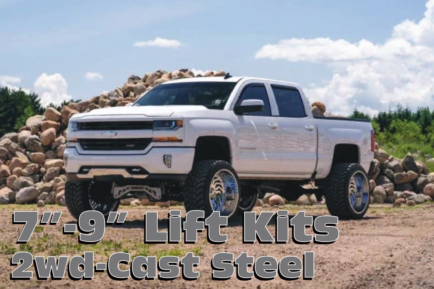 White lifted truck with cast steel wheels.