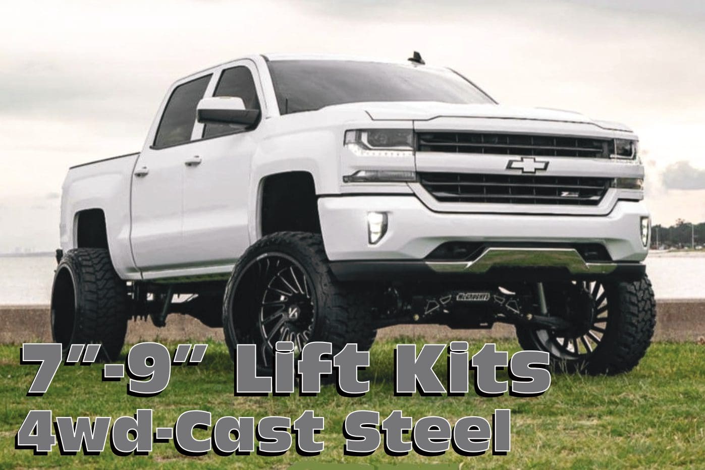 White pickup truck with lift kit.