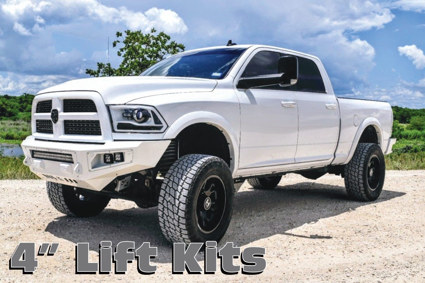 A white truck with the words lift kits on it.