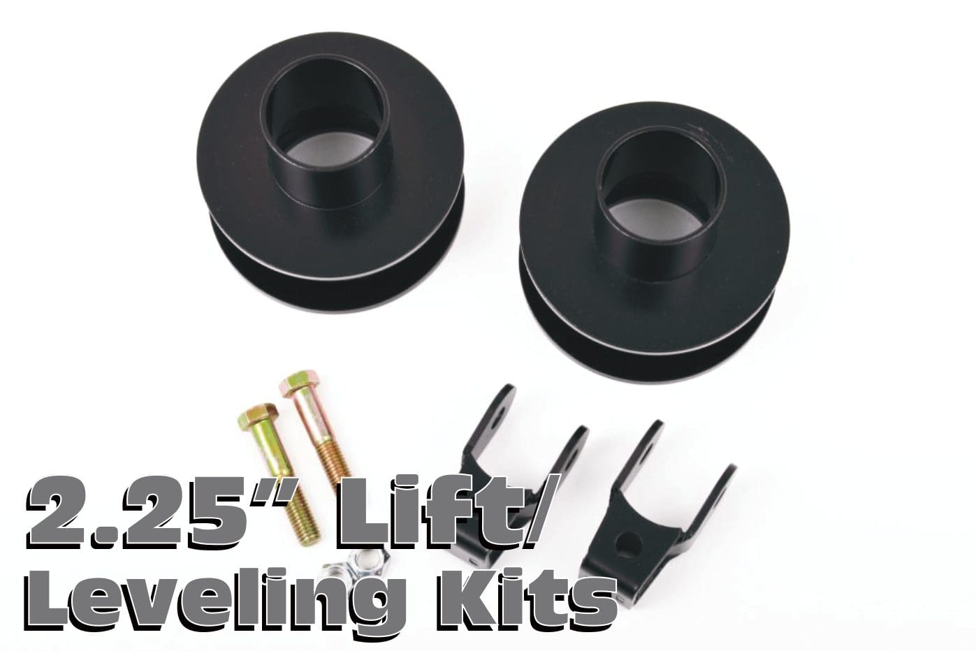 A pair of black 2. 5 ″ lift leveling kits with two mounting hardware