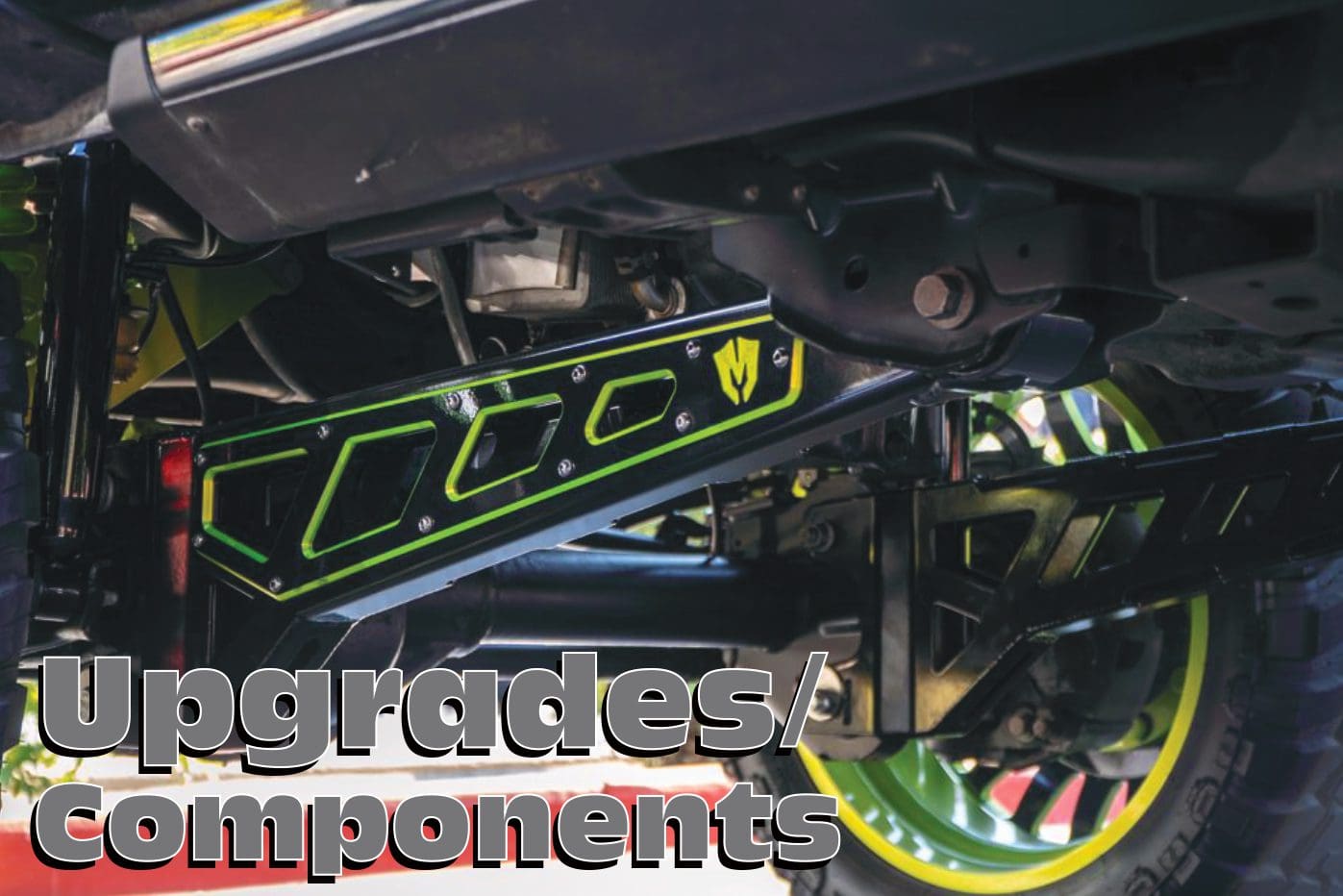 A close up of the front suspension on a car