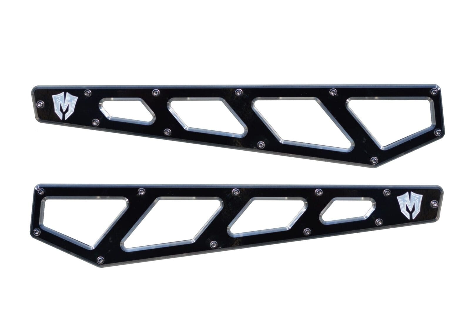 A pair of black metal frames with white trim.