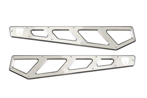 A pair of long metal triangles with holes in them.