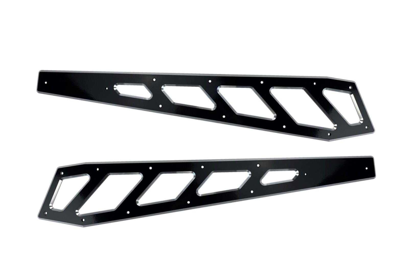 A pair of black metal brackets with holes in them.