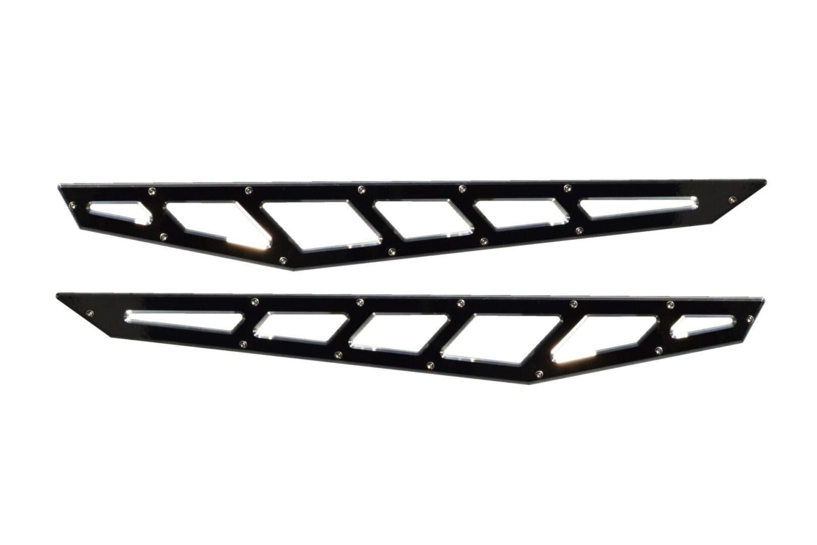 A pair of black metal brackets with holes in them.