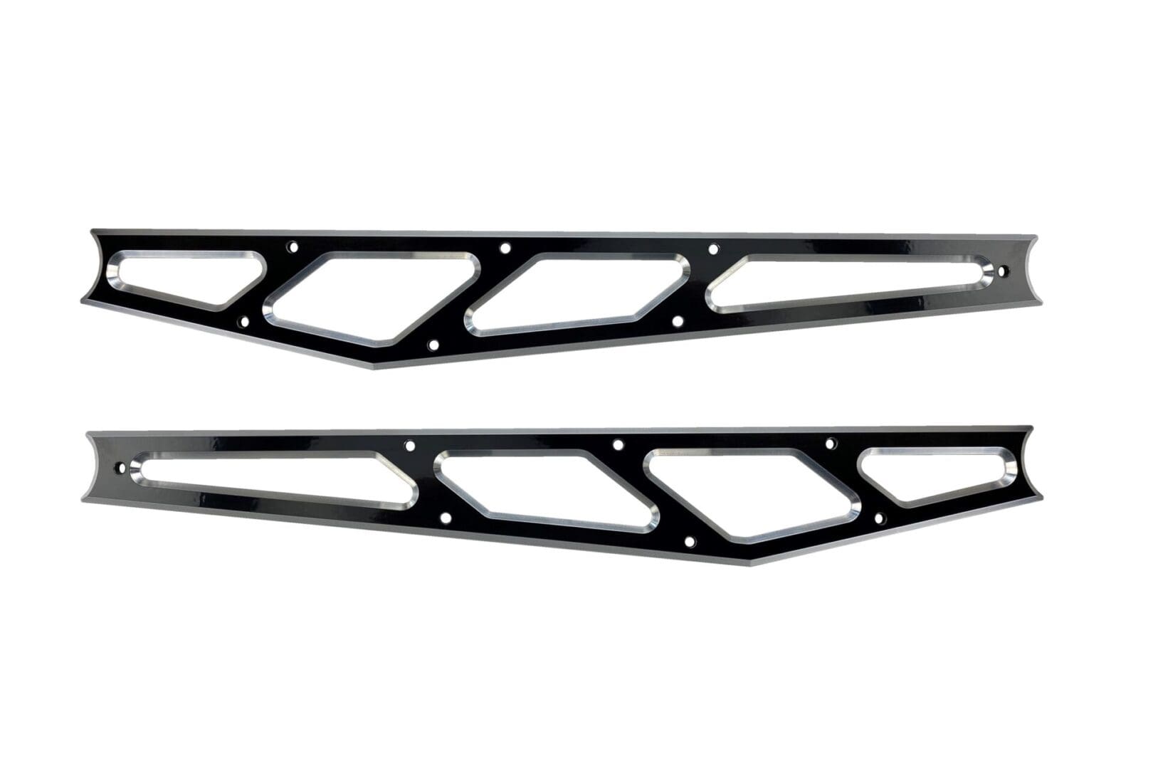 A pair of black metal brackets with holes in them.