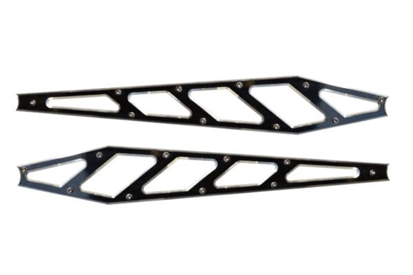 A pair of black metal strips with holes in them.