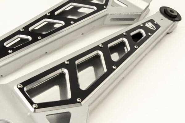 A pair of silver and black metal bars.