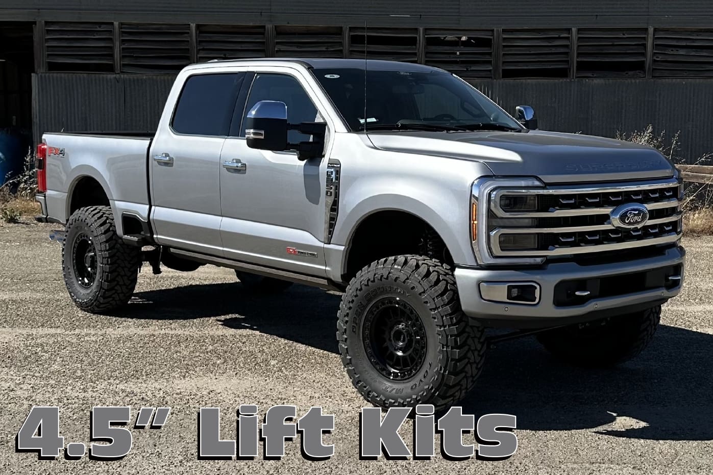 Here's an alt tag for the image: Silver Ford Super Duty with 4.5" lift kit.