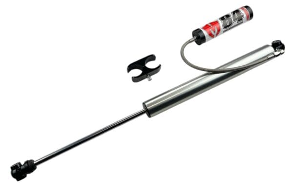 Here's an alt tag for the image: Silver shock absorber with reservoir and clamp.